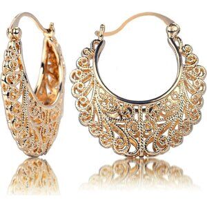 Women's Gold Vintage Filigree Oval Hollowed Gold Plated Dangle Hoop Earrings